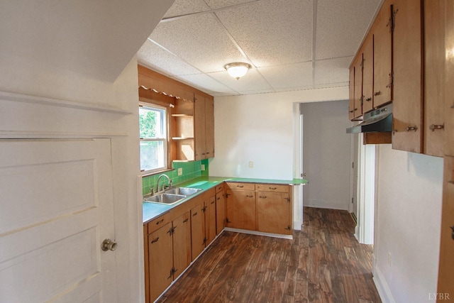 1640 Shaffer St, Lynchburg, VA 24501 - kitchen with under cabinet range hood, a drop ceiling, dark wood finished floors, a peninsula, and a sink