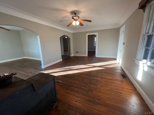 1358 S Coolwell Rd, Madison Heights, VA 24572 - living area featuring hardwood / wood-style floors, a ceiling fan, baseboards, arched walkways, and ornamental molding