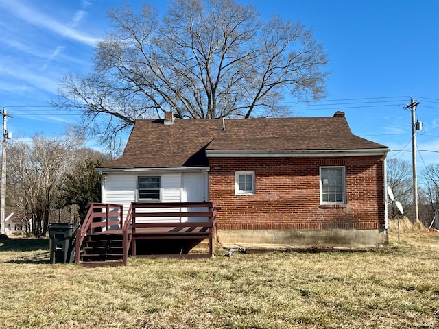 1358 S Coolwell Rd, Madison Heights, VA 24572 - back of property with a deck, a yard, a shingled roof, brick siding, and a chimney