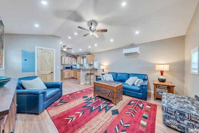 3554 Leffel Rd, Roanoke, VA 24018 - living area featuring electric panel, an AC wall unit, vaulted ceiling, light wood-style flooring, and ceiling fan