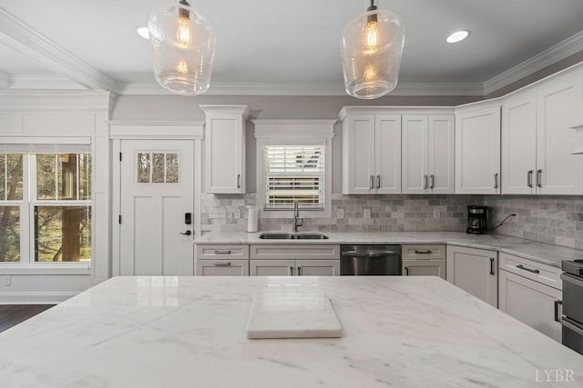 1055 Tori Ct, Forest, VA 24551 - kitchen featuring a sink, dishwasher, crown molding, white cabinets, and decorative backsplash