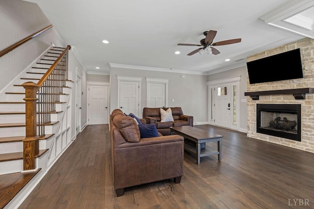 1055 Tori Ct, Forest, VA 24551 - living room with ceiling fan, stairs, dark wood-style floors, recessed lighting, and baseboards