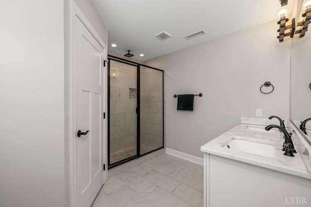 1055 Tori Ct, Forest, VA 24551 - full bathroom with marble finish floors, a stall shower, baseboards, recessed lighting, and double vanity