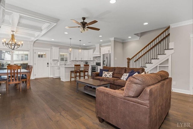 1055 Tori Ct, Forest, VA 24551 - living room with a ceiling fan, recessed lighting, dark wood-style floors, ornamental molding, and a chandelier