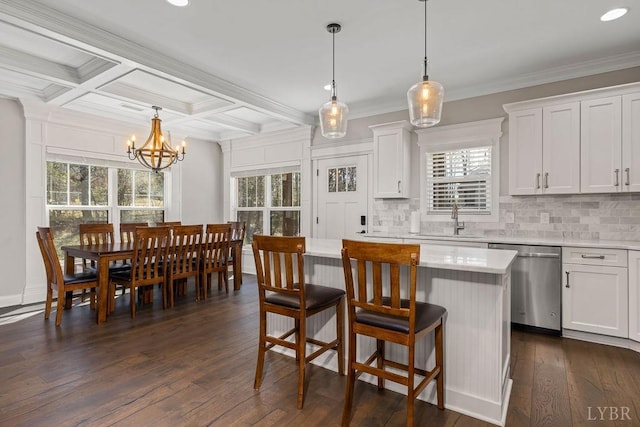 1055 Tori Ct, Forest, VA 24551 - kitchen with stainless steel dishwasher, dark wood-type flooring, a center island, backsplash, and beamed ceiling