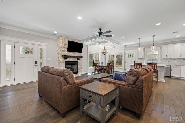 1055 Tori Ct, Forest, VA 24551 - living room with plenty of natural light, crown molding, dark wood-style flooring, ceiling fan, and recessed lighting