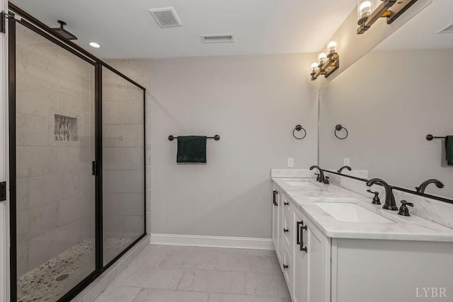 1055 Tori Ct, Forest, VA 24551 - bathroom with baseboards, a stall shower, double vanity, marble look tiles, and recessed lighting