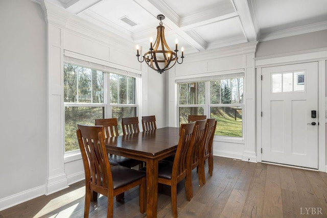 1055 Tori Ct, Forest, VA 24551 - dining room featuring a chandelier, beamed ceiling, crown molding, dark wood-style floors, and coffered ceiling