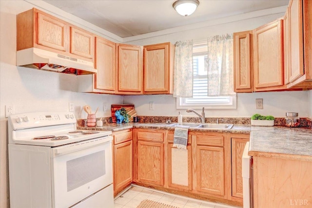 111 Willow St, Lynchburg, VA 24503 - kitchen featuring light brown cabinets, under cabinet range hood, light tile patterned flooring, a sink, and white range with electric cooktop