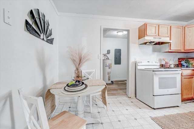 111 Willow St, Lynchburg, VA 24503 - kitchen featuring electric panel, light floors, under cabinet range hood, electric water heater, and white electric range oven