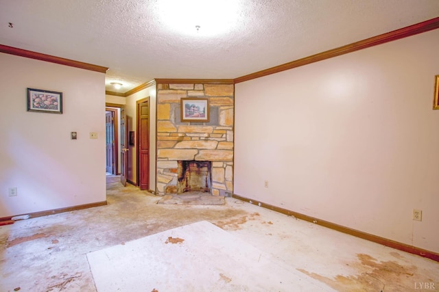 3510 Bear Creek Rd, Rustburg, VA 24588 - unfurnished living room featuring crown molding, a textured ceiling, and a stone fireplace