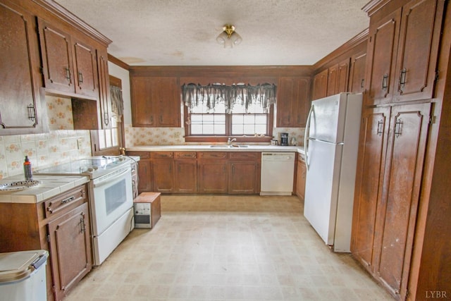 3510 Bear Creek Rd, Rustburg, VA 24588 - kitchen featuring light floors, a textured ceiling, white appliances, a sink, and tile counters