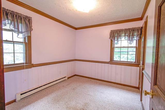 3510 Bear Creek Rd, Rustburg, VA 24588 - empty room with baseboard heating, a textured ceiling, carpet flooring, and crown molding