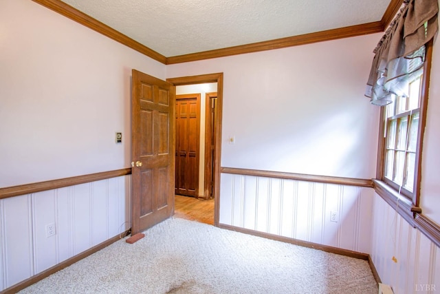 3510 Bear Creek Rd, Rustburg, VA 24588 - unfurnished room with carpet flooring, a textured ceiling, a wainscoted wall, ornamental molding, and a decorative wall