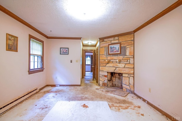 3510 Bear Creek Rd, Rustburg, VA 24588 - unfurnished living room with a baseboard heating unit, a textured ceiling, crown molding, and a fireplace