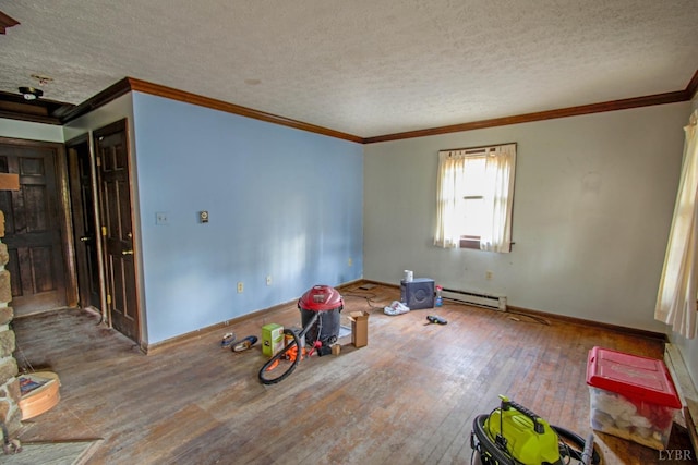 3510 Bear Creek Rd, Rustburg, VA 24588 - unfurnished room featuring ornamental molding, a textured ceiling, hardwood / wood-style floors, and a baseboard heating unit