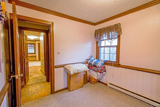 3510 Bear Creek Rd, Rustburg, VA 24588 - carpeted bedroom featuring a textured ceiling, baseboard heating, and ornamental molding