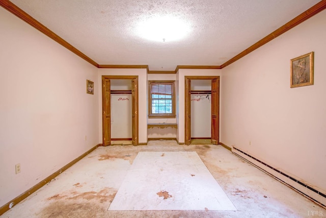 3510 Bear Creek Rd, Rustburg, VA 24588 - unfurnished bedroom featuring a baseboard radiator, a textured ceiling, multiple closets, and crown molding