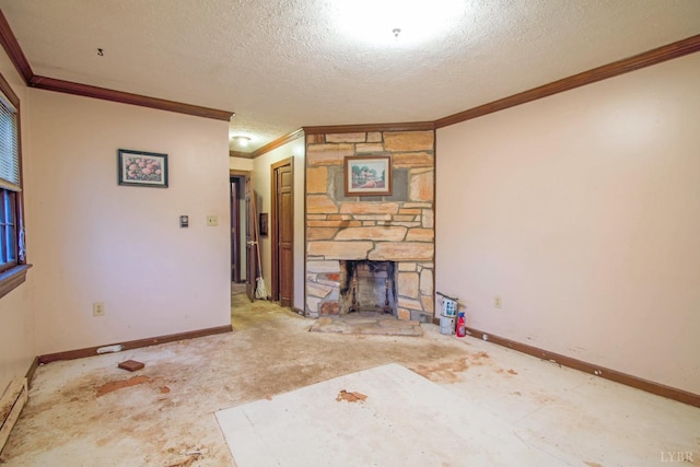3510 Bear Creek Rd, Rustburg, VA 24588 - unfurnished living room with baseboards, a stone fireplace, crown molding, and a textured ceiling