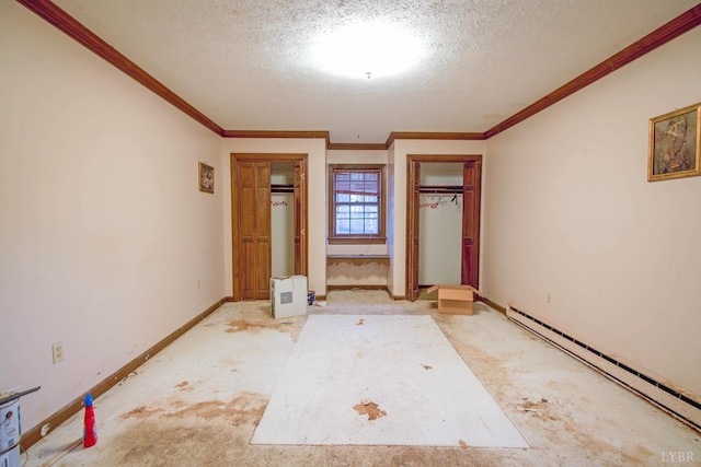 3510 Bear Creek Rd, Rustburg, VA 24588 - unfurnished bedroom featuring crown molding, two closets, a textured ceiling, baseboards, and baseboard heating