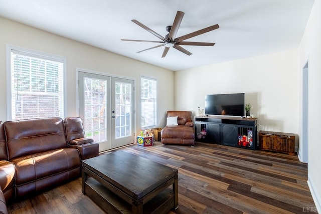 3008 Hill St Unit 306, Lynchburg, VA 24501 - living area with french doors, a ceiling fan, and dark wood-style floors