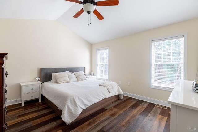 3008 Hill St Unit 306, Lynchburg, VA 24501 - bedroom with dark wood-style floors, lofted ceiling, baseboards, and ceiling fan