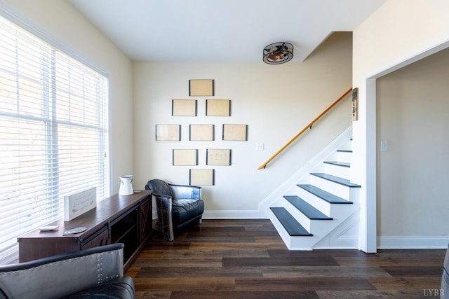 3008 Hill St Unit 306, Lynchburg, VA 24501 - sitting room featuring dark wood-style flooring, stairway, and baseboards
