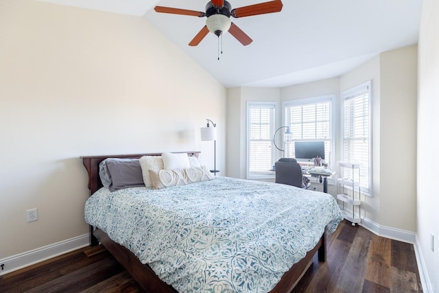 3008 Hill St Unit 306, Lynchburg, VA 24501 - bedroom featuring baseboards, dark wood-style flooring, vaulted ceiling, ceiling fan, and an office area