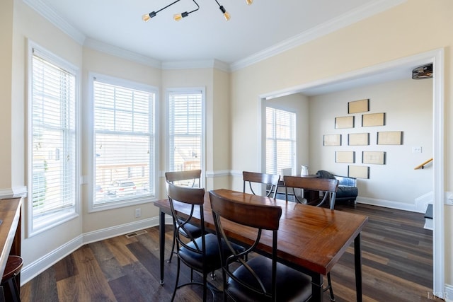 3008 Hill St Unit 306, Lynchburg, VA 24501 - dining area with healthy amount of natural light, dark wood finished floors, baseboards, ornamental molding, and stairway