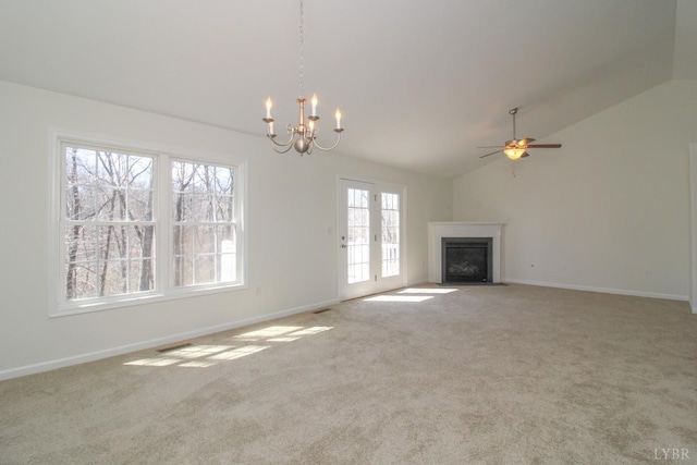 268 Oak Spring Ln, Madison Heights, VA 24572 - unfurnished living room featuring vaulted ceiling, carpet floors, a chandelier, a fireplace with flush hearth, and baseboards