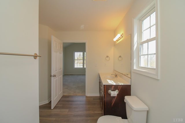 268 Oak Spring Ln, Madison Heights, VA 24572 - bathroom with vanity, wood finished floors, toilet, and baseboards