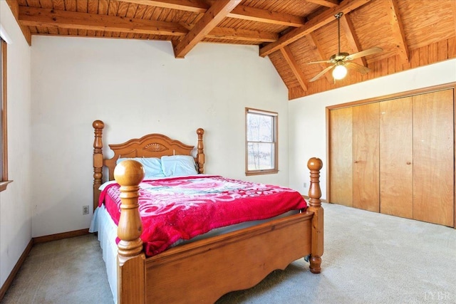 bedroom with wooden ceiling, a ceiling fan, vaulted ceiling with beams, baseboards, and carpet