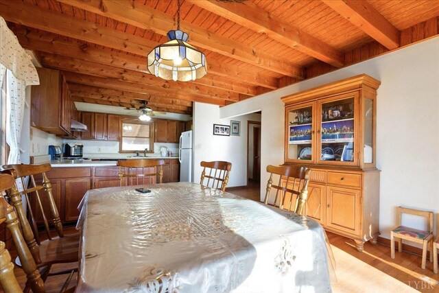 dining space featuring wood ceiling, a ceiling fan, wood finished floors, and beamed ceiling