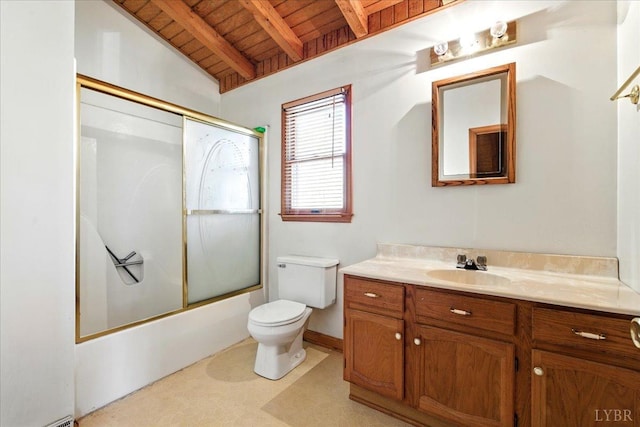 full bath featuring vanity, toilet, wood ceiling, combined bath / shower with glass door, and vaulted ceiling with beams