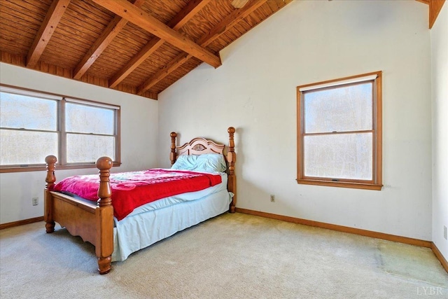 carpeted bedroom with high vaulted ceiling, wood ceiling, baseboards, and beamed ceiling