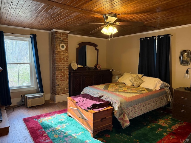 1228 Rosser Mill Rd, Pamplin, VA 23958 - bedroom with wooden ceiling, ornamental molding, hardwood / wood-style floors, and a wall mounted air conditioner
