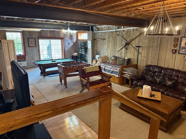 1228 Rosser Mill Rd, Pamplin, VA 23958 - rec room with a chandelier, wooden walls, billiards, healthy amount of natural light, and wood finished floors