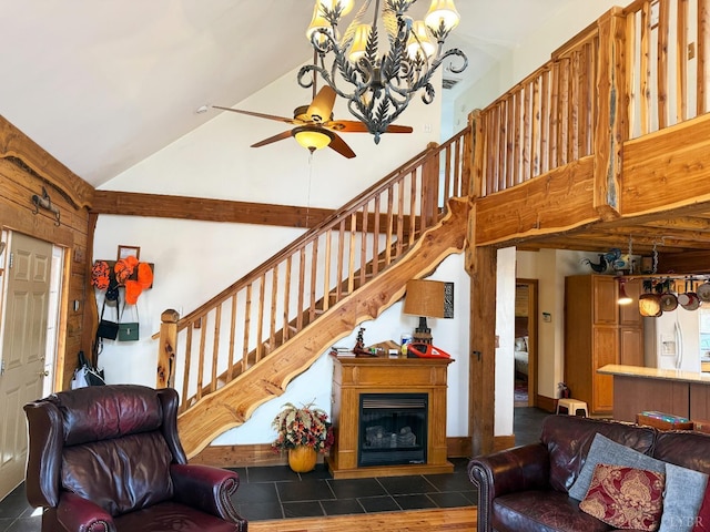 1228 Rosser Mill Rd, Pamplin, VA 23958 - living room with a chandelier, stairs, high vaulted ceiling, and ceiling fan