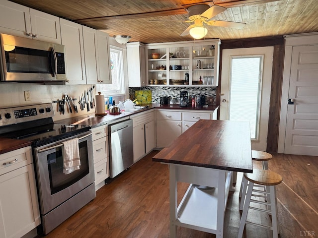 1228 Rosser Mill Rd, Pamplin, VA 23958 - kitchen featuring stainless steel appliances, wooden counters, wood ceiling, open shelves, and decorative backsplash