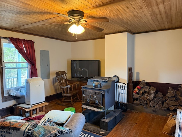 1228 Rosser Mill Rd, Pamplin, VA 23958 - living room featuring electric panel, wood ceiling, hardwood / wood-style flooring, ceiling fan, and ornamental molding
