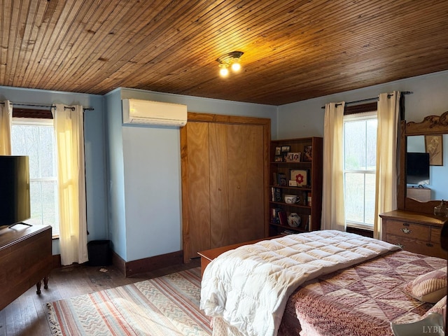 1228 Rosser Mill Rd, Pamplin, VA 23958 - bedroom with a wall unit AC, multiple windows, a closet, wood ceiling, and hardwood / wood-style flooring
