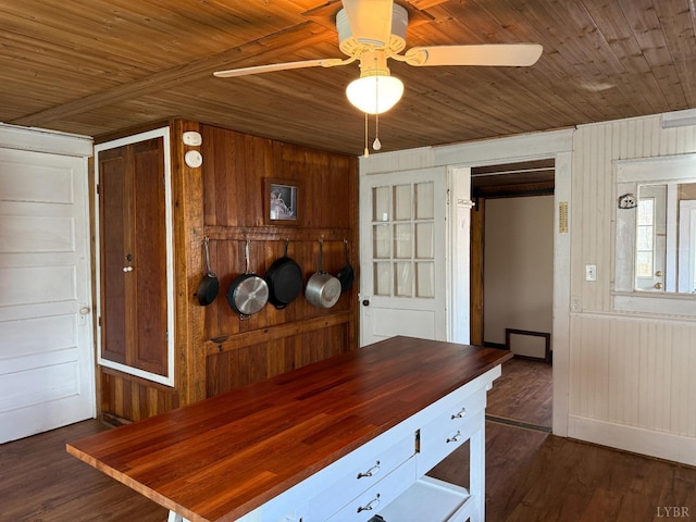 1228 Rosser Mill Rd, Pamplin, VA 23958 - dining space with wood ceiling, ceiling fan, wooden walls, and dark wood finished floors