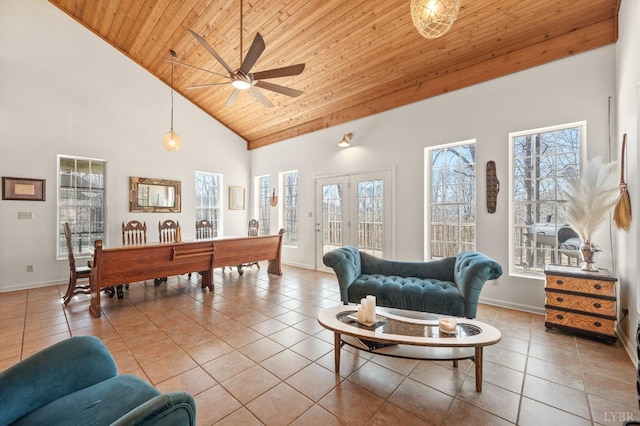 700 Cloudcroft Dr, Monroe, VA 24574 - living area with high vaulted ceiling, wooden ceiling, tile patterned flooring, baseboards, and ceiling fan