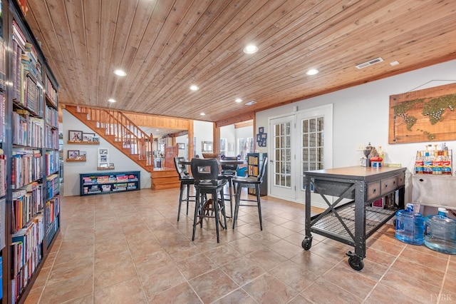 700 Cloudcroft Dr, Monroe, VA 24574 - dining space with visible vents, stairs, recessed lighting, french doors, and wood ceiling