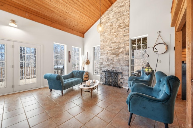 700 Cloudcroft Dr, Monroe, VA 24574 - living room featuring tile patterned flooring, wooden ceiling, high vaulted ceiling, and a fireplace