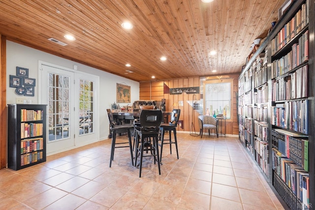 700 Cloudcroft Dr, Monroe, VA 24574 - dining area with light tile patterned flooring, visible vents, recessed lighting, and wood ceiling
