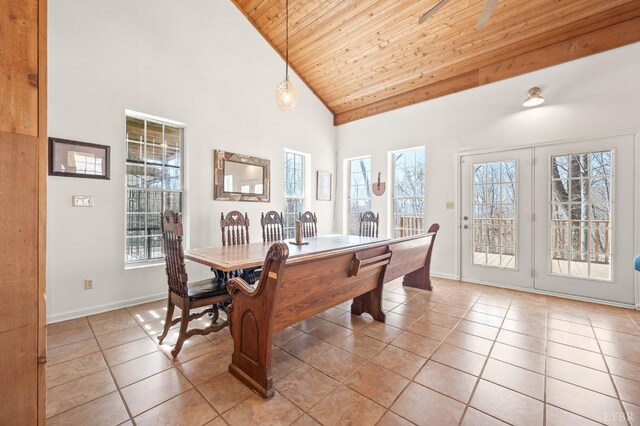 700 Cloudcroft Dr, Monroe, VA 24574 - dining room with baseboards, high vaulted ceiling, wood ceiling, and light tile patterned floors
