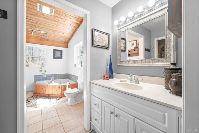 700 Cloudcroft Dr, Monroe, VA 24574 - full bathroom featuring vanity, lofted ceiling, tile patterned flooring, a bath, and visible vents