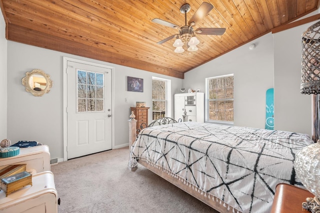 700 Cloudcroft Dr, Monroe, VA 24574 - carpeted bedroom with baseboards, lofted ceiling, ceiling fan, and wood ceiling