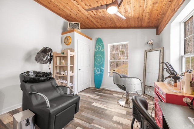 700 Cloudcroft Dr, Monroe, VA 24574 - sitting room featuring baseboards, ceiling fan, wood finished floors, lofted ceiling, and wooden ceiling
